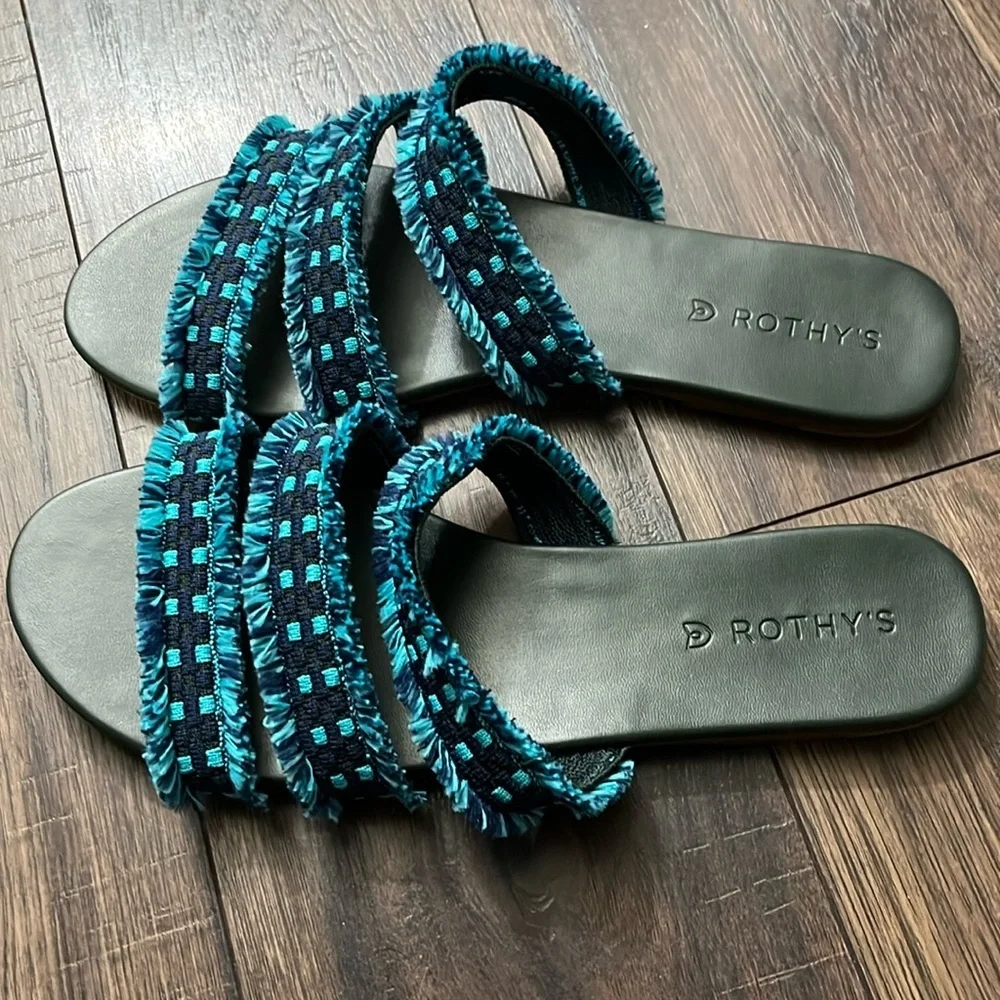 NEW‎ Rothy’s Triple Band Teal Navy Blue Fringe Sandals Size 11